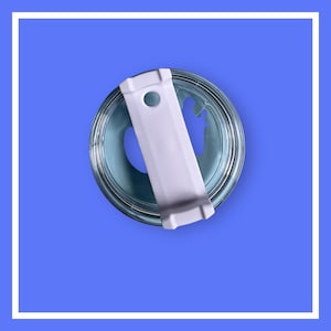 May include: Overhead view of a paint can with a white plastic lid and a white paint can opener. The can contains blue paint. The image is set against a blue background with a white border.