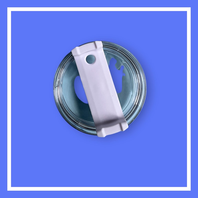 May include: Overhead view of a paint can with a white plastic lid and a white paint can opener. The can contains blue paint. The image is set against a blue background with a white border.