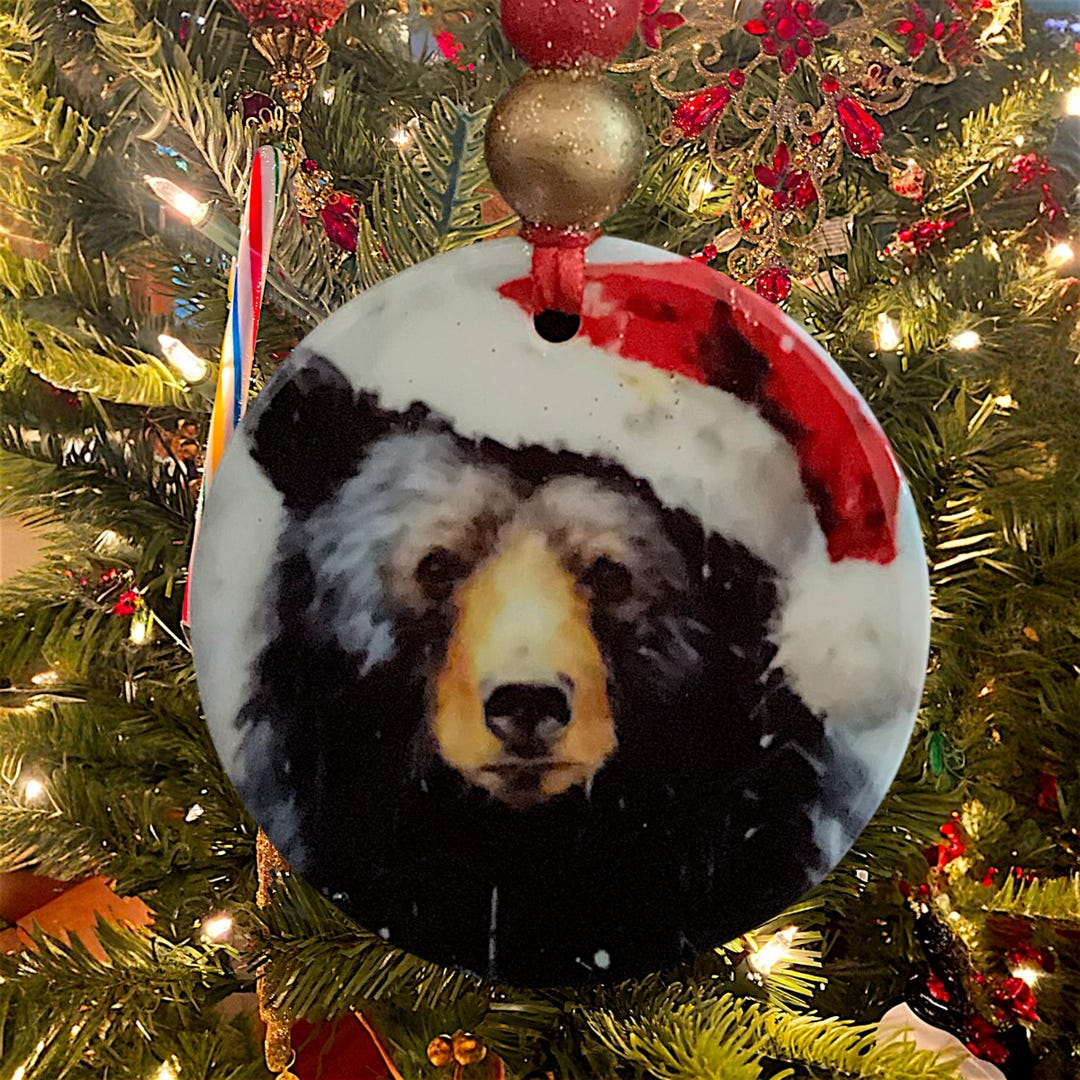 Black Bear Wearing a Santa Hat in the Snow Porcelain Ornament With Hand ...
