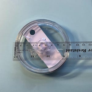 May include: A clear, circular lid with a measurement ruler laid across it. The lid has a small opening and a raised center. The ruler shows measurements in centimeters and inches. The text "Water Resistant" is visible.