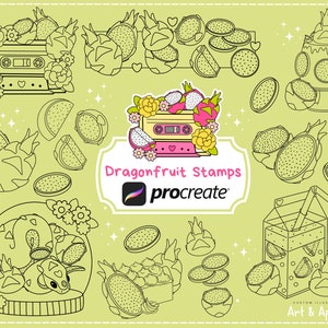 Pode incluir: Um conjunto de selos digitais em preto e branco com ilustrações de fruta do dragão. Os selos são projetados para uso com o aplicativo Procreate. As ilustrações incluem fruta do dragão em várias formas, incluindo fruta inteira, fatias e um bolo de fruta do dragão. O texto "Dragonfruit Stamps" e "Procreate" está incluído na imagem.