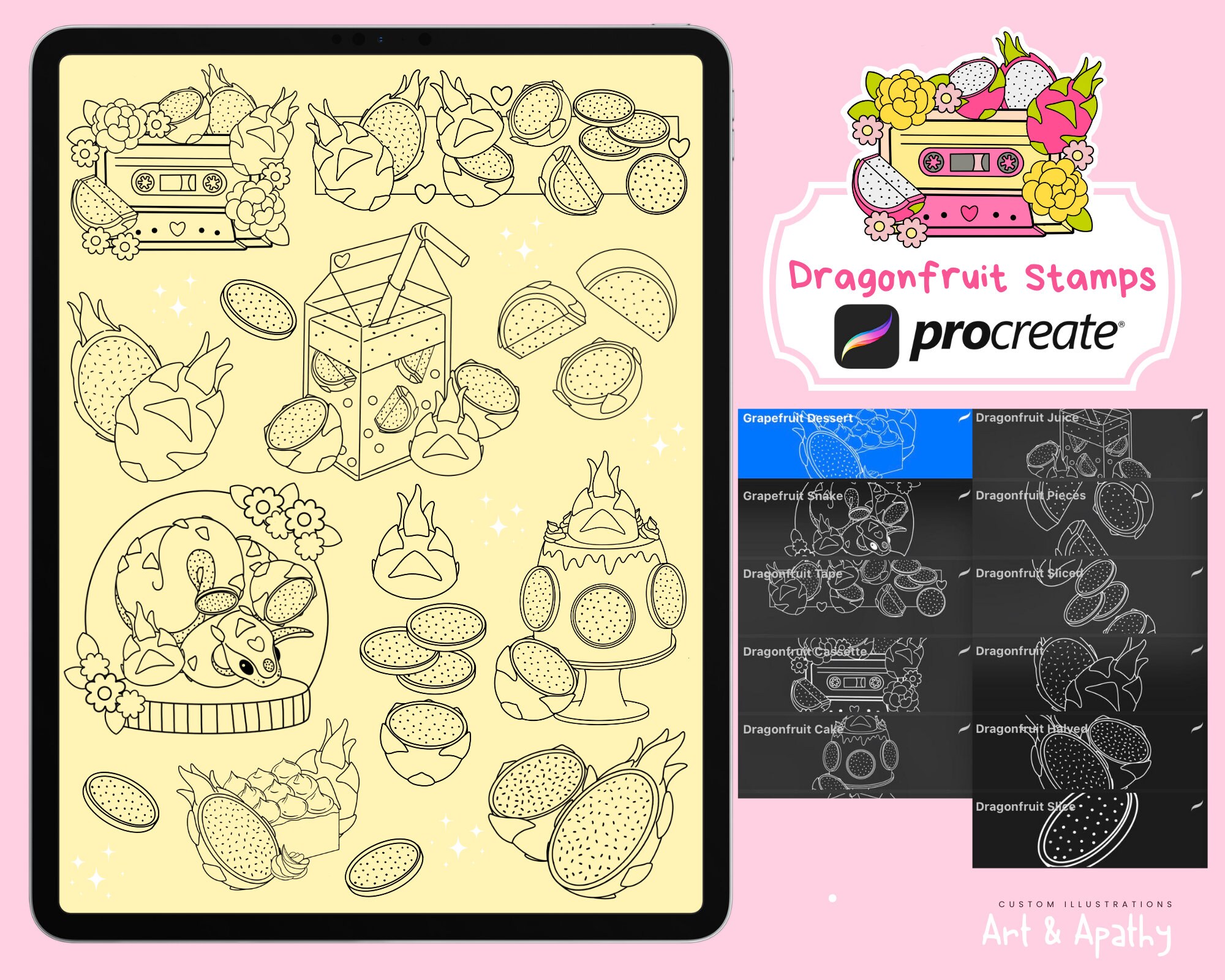 22 Dragonfruit Procreate Stamps Cute Kawaii Fruit Brushes Tropical ...