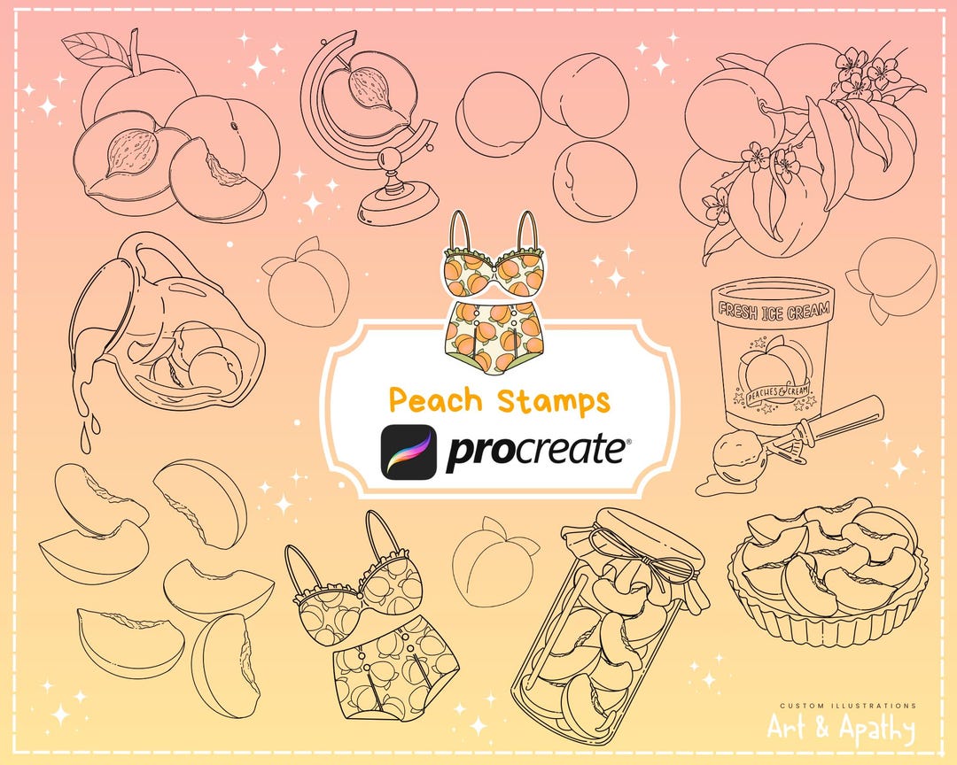 22 Peach Procreate Stamps | Cute Kawaii Fruit Brushes | Stone Fruit ...