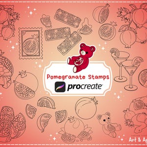 Peut inclure: Illustration numérique avec des timbres et des illustrations sur le thème de la grenade. La conception comprend des grenades, des tranches et un ours en peluche, avec le texte "Pomegranate Stamps" et "procreate" sur un fond rouge.