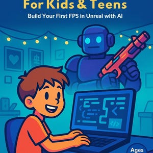 Op de afbeelding: Illustratie van een boekomslag getiteld "Vibe Coding For Kids & Teens". Een stripjongen zit achter een laptop, met een robot die een pistool vasthoudt op de achtergrond. Het boek is van Tyler Penton-Beer, voor kinderen vanaf 9 jaar.