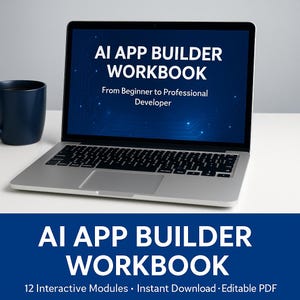 May include: A laptop displays the text "AI APP BUILDER WORKBOOK" with the subtitle "From Beginner to Professional Developer." Below the laptop, the text "AI APP BUILDER WORKBOOK" is repeated, with additional text: "12 Interactive Modules • Instant Download • Editable PDF."