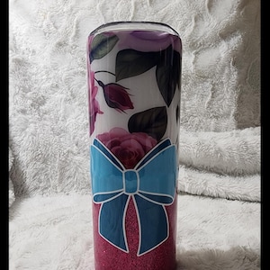20oz Rose and Coquette Bow Epoxy Tumbler; Mother&#39;s Day Floral Epoxy Tumbler; Spring Flower Glitter Tumbler; Personalized Flower Tumbler;