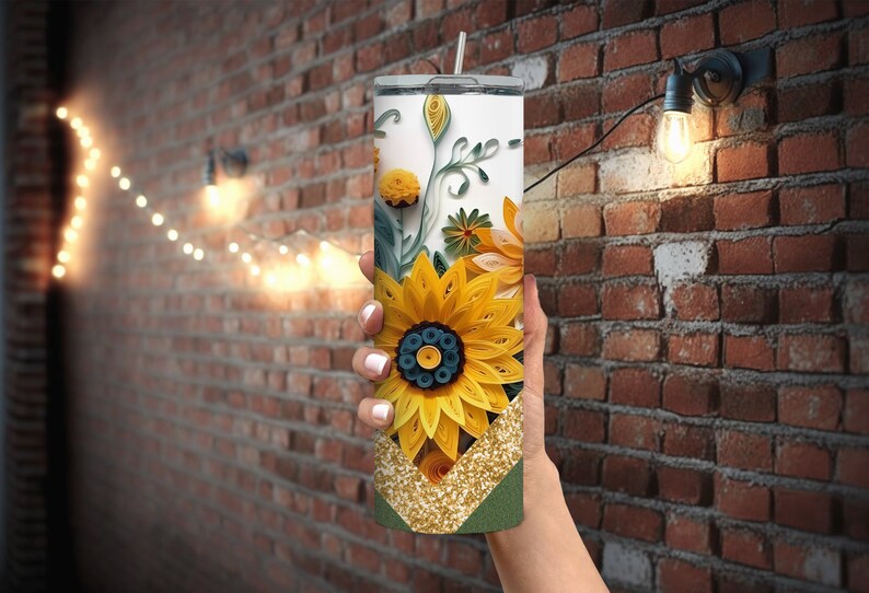 20oz Stainless Steel Quilling Sunflower Gold Glitter Tumbler Etsy
