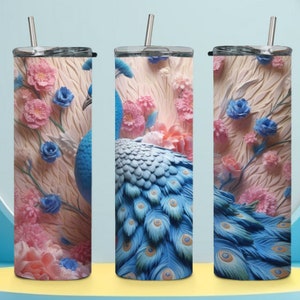 3D Pink and Blue Peacock Tumbler: 20oz Stainless Steel Travel Mug