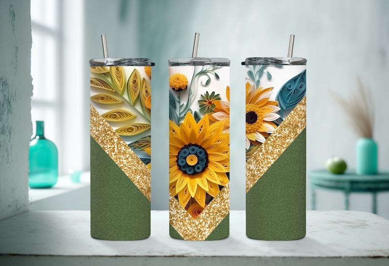 20oz Stainless Steel Quilling Sunflower Gold Glitter Tumbler Etsy