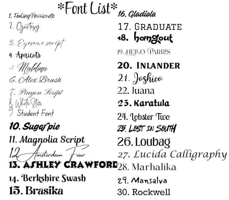 Puede incluir: Imagen en blanco y negro que muestra una lista de 30 estilos de fuente. El t&iacute;tulo "*Font List*" est&aacute; en la parte superior. Cada fuente est&aacute; numerada y nombrada, mostrando una variedad de fuentes script, serif y sans-serif para proyectos de dise&ntilde;o.