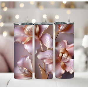 3D Rose Gold Iris Tumbler: 20oz Stainless Steel Cup with Lid & Straw