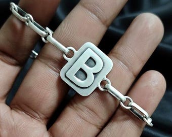 Sterling Silver Initial B Bracelet, Matte Finish, Signet Link