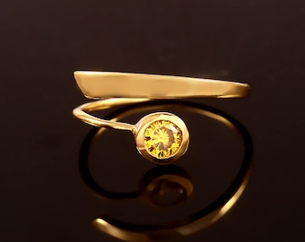 Anillo Onda de Zafiro Amarillo: Anillo de promesa ajustable chapado en oro de plata de ley 925