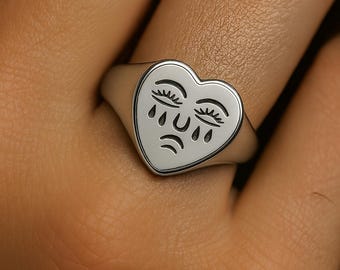 Crying Heart Tattoo Chunky Ring, 925 Silver Heart Signet Sad Face Jewelry