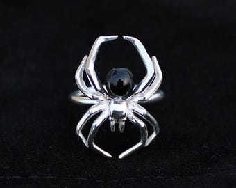 Anillo de araña gótica: Ónix negro, joyería punk plateada