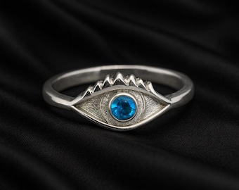 Blue Topaz Evil Eye Ring: Jujutsu Kaisen Gojo Inspired Sterling Silver Jewelry
