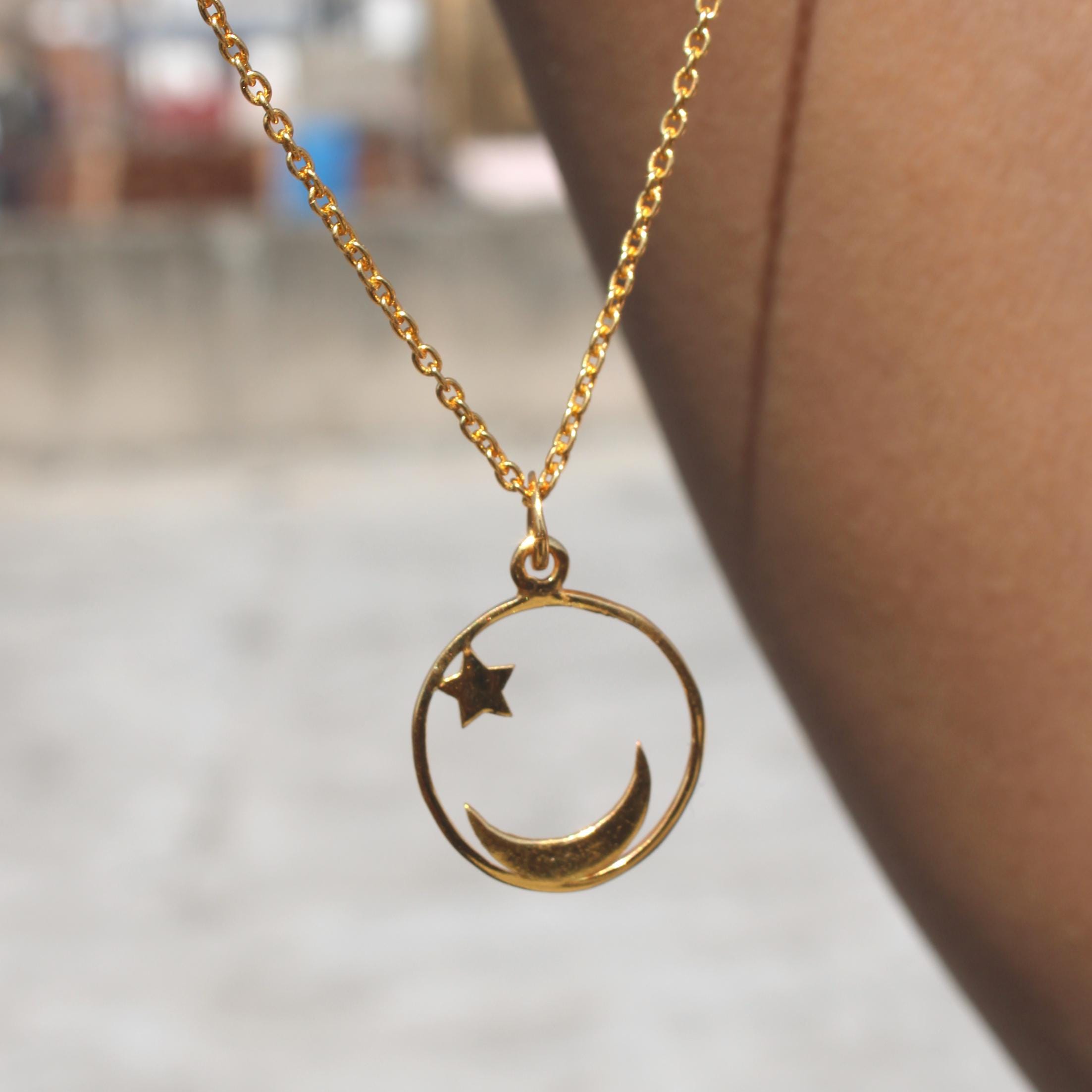 Sterling Silver Crescent Moon and Star Necklace - Dainty Celestial 
