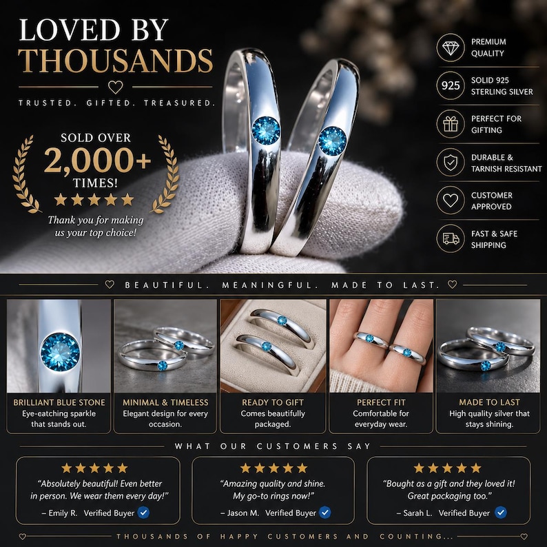 Puede incluir: Dos anillos de plata con una piedra azul redonda y brillante engastada en la banda. Los anillos son pulidos y lisos, mostrando un dise&ntilde;o minimalista. La imagen incluye texto como LOVED BY THOUSANDS, SOLD OVER 2,000+ TIMES y 925.