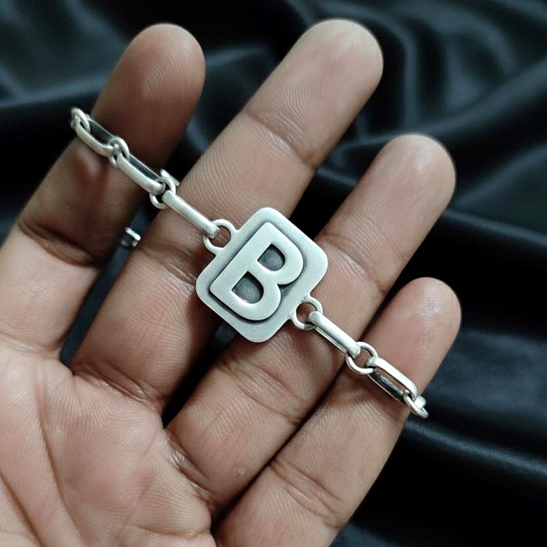 Sterling Silver Initial B Bracelet, Matte Finish, Signet Link