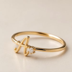 Custom Dainty Initial Letter And Birthstone 925 Sterling Silver Ring In Gold, Personalized Alphabets Birthstone Jewelry Birthday Gifts Women