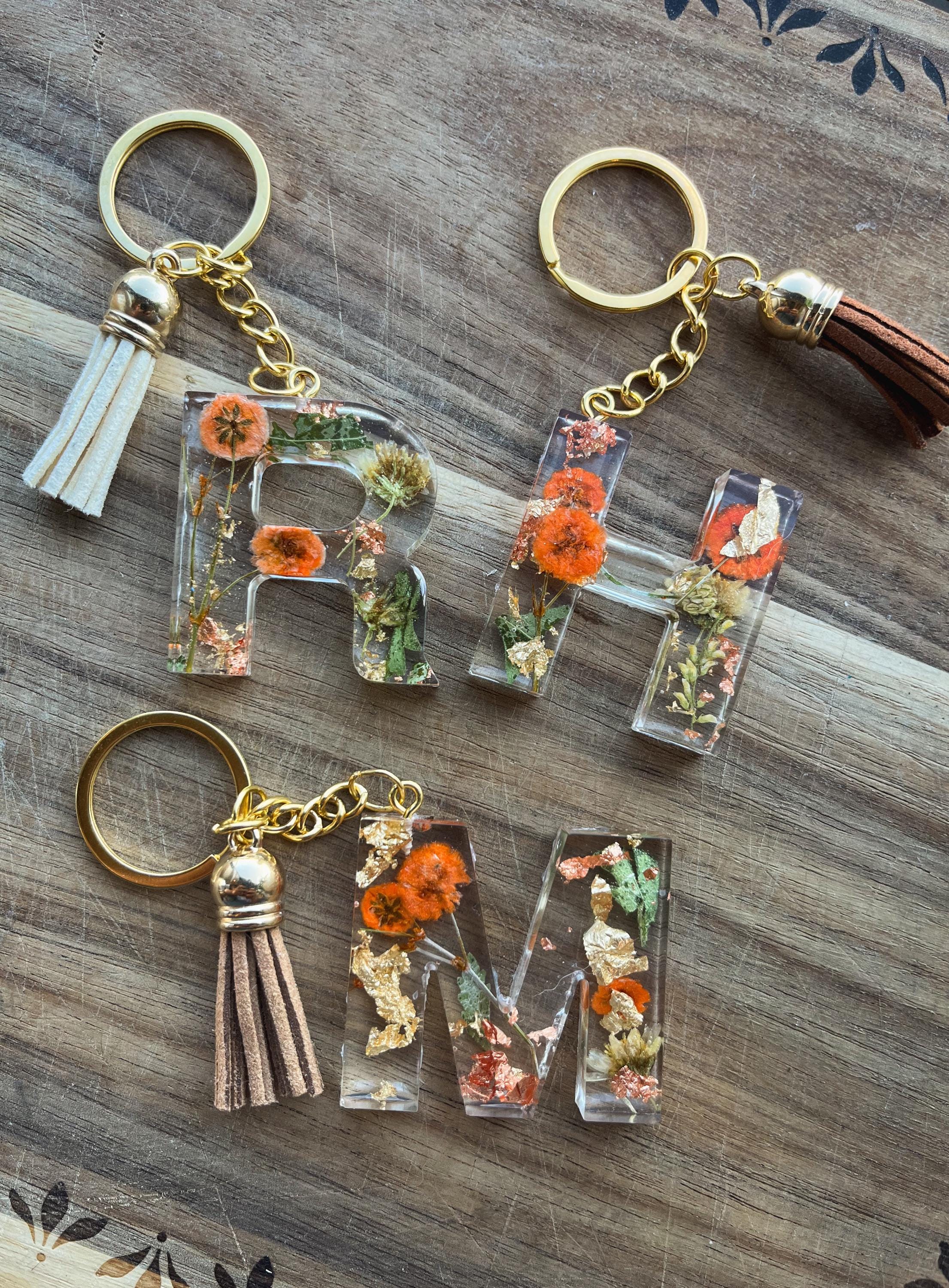 Pressed Powder On Key Chain Pressed Flower Resin Initial Keychain: Autumn Bloom With Gold Tassel - Etsy