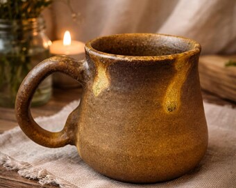 Handmade Earth Tone Pottery Mug, Signed Rustic Stoneware Coffee Cup