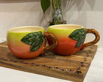 Vintage Apple Mugs - Set of 2 - 1980s Ceramic Farmhouse Kitchenware