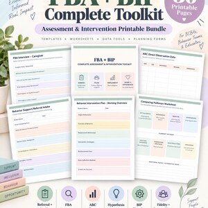 Könnte beinhalten: Ein 36-seitiges, druckbares FBA- und BIP-Toolkit-Paket mit Vorlagen für Beurteilungen und Interventionen, Arbeitsblättern, Datentools und Planungsformularen zur Unterstützung bei der Verhaltensanalyse und pädagogischen Planung.