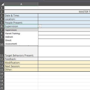 Może przedstawiać: Szablon arkusza kalkulacyjnego z tytułem "MASTER TEMPLATE" w prawym górnym rogu. Arkusz kalkulacyjny jest podzielony na dwie kolumny, lewa kolumna jest oznaczona jako "A", a prawa kolumna jako "B". Lewa kolumna zawiera listę elementów, w tym "Data i godzina", "Lokalizacja", "Obecne osoby", "Nadzór", "Szkolenie rodziców", "Pośredni", "Bezpośredni", "Ocena", "Obecne zachowania docelowe", "Opinia zwrotna", "Modyfikacja", "Następna sesja" i "Inne". Prawa kolumna jest pusta.