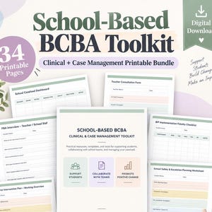 May include: A digital download of a 34-page School-Based BCBA Clinical and Case Management Toolkit. The bundle includes printable forms like a School Caseload Dashboard, Teacher Consultation Form, FBA Interview, and Behaviour Intervention Plan.