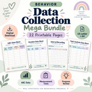 Puede incluir: Un paquete de recolección de datos de comportamiento con 22 páginas imprimibles que incluyen hojas de datos ABC, de duración, de intervalo y de análisis de tareas. El diseño presenta colores pastel suaves, un icono de arcoíris y etiquetas de texto.