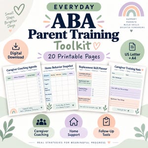 May include: A digital ABA Parent Training Toolkit featuring 20 printable pages. The set includes a Caregiver Coaching Agenda, Home Behavior Snapshot, Replacement Skill Planner, and Caregiver Training Note, all with pastel accents and text.