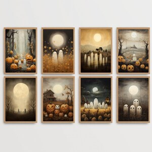 Set of 10, Quirky Moon Ghost, Moody Ghost Art, Ghost Paintings, Halloween Art Prints, Spooky Vintage Halloween, Spooky Decor, Gothic Decor