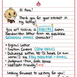 Carta DIGITAL ESCRITA A MANO personalizada de un personaje de Genshin Impact