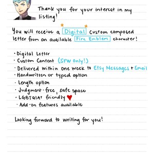 May include: A digital custom letter service listing featuring an illustration of a blue-haired character. The text reads: Hi there! Thank you for your interest in my listing! You will receive a Digital Custom composed letter from an available Fire Emblem character!