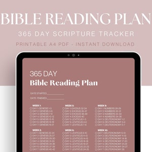 Könnte beinhalten: Ein druckbarer 365-Tage-Bibelleseplan-Tracker. Das Dokument enthält einen Abschnitt für die Start- und Enddaten sowie eine wöchentliche Aufschlüsselung der täglichen Bibellesungen.