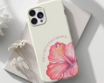 Pink Hibiscus Christian Phone Case: Bible Verse Scripture, Floral Design