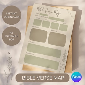 May include: Printable Bible Verse Map worksheet with sections for date, verse, where, who, what, why, key words, summary, prayer points, and questions. The worksheet has a light green and brown colour scheme with a floral design.
