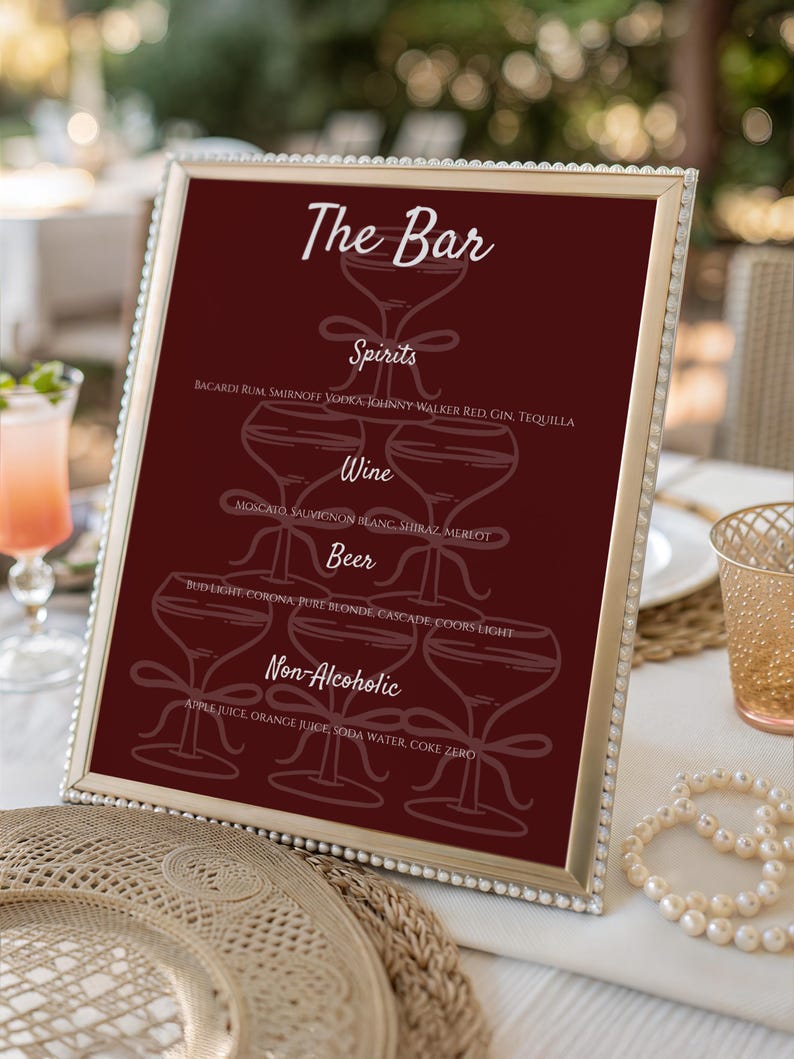 Burgundy 21st Birthday Bar Menu Template: Elegant Printable Sign ...