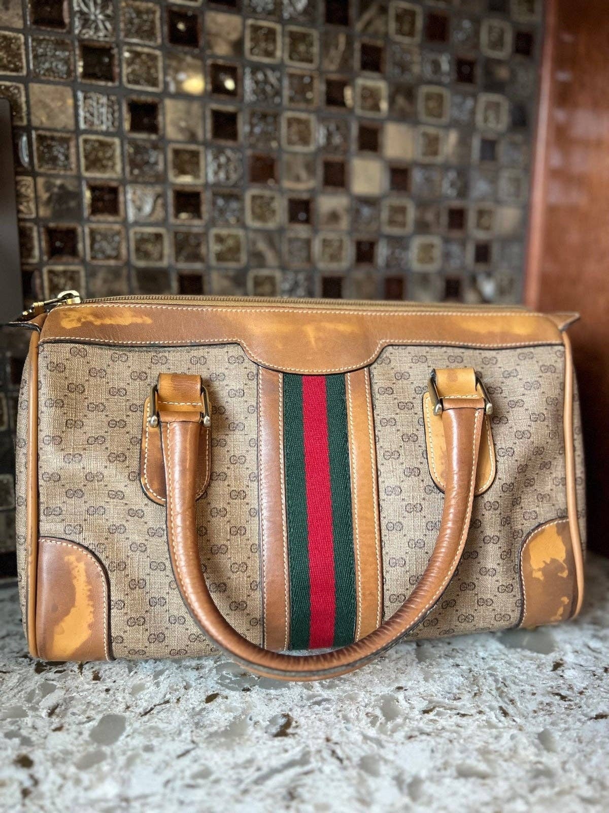 Old Vintage Gucci Small Doctor Boston Bag Web Brown Canvas Good Exterior  Preowned Condition 