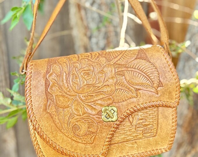 Vintage Hand Tooled Leather Handbag + Ceramic Beads, Boho Shoulder Bag