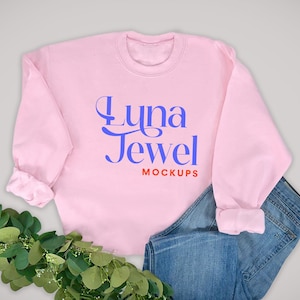 Gildan 18000 Trendy Light Pink Sweatshirt MockUp with No Tag | Aesthetic Pullover Sweater Mockups for your T-Shirt Shop