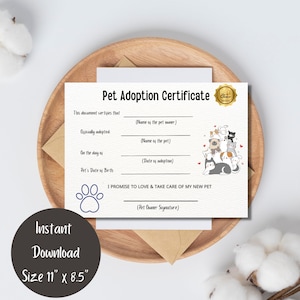 Adopte un certificado de adopción de mascota, perro, gato, descarga instantánea, imprimible, tamaño carta de EE. UU. (11" x 8,5"), PNG y PDF.
