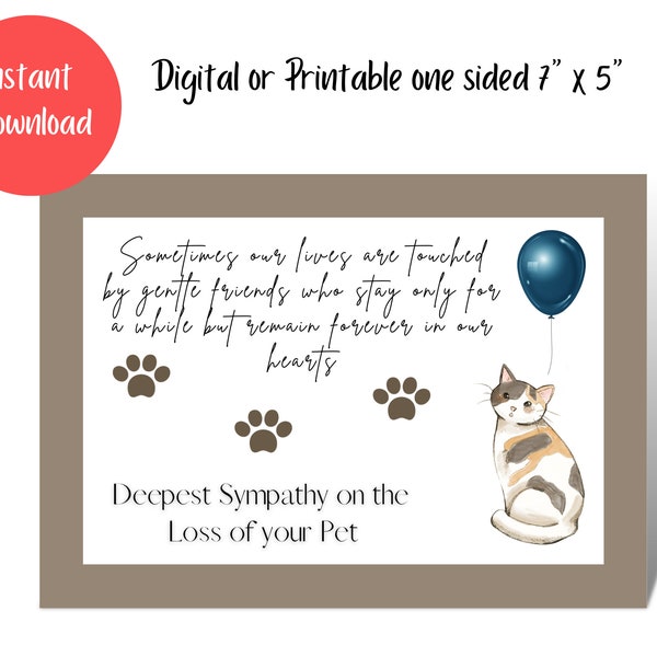 Printable Digital Sympathy Card for a Cat, Loss of a Cat, Condolences on a Loss of a Cat