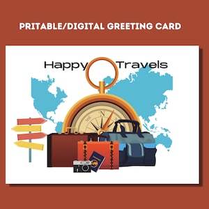 Carte de voeux imprimable, Happy Travels, recto verso avec texte à l'intérieur ou recto, téléchargement immédiat, taille 5 x 7