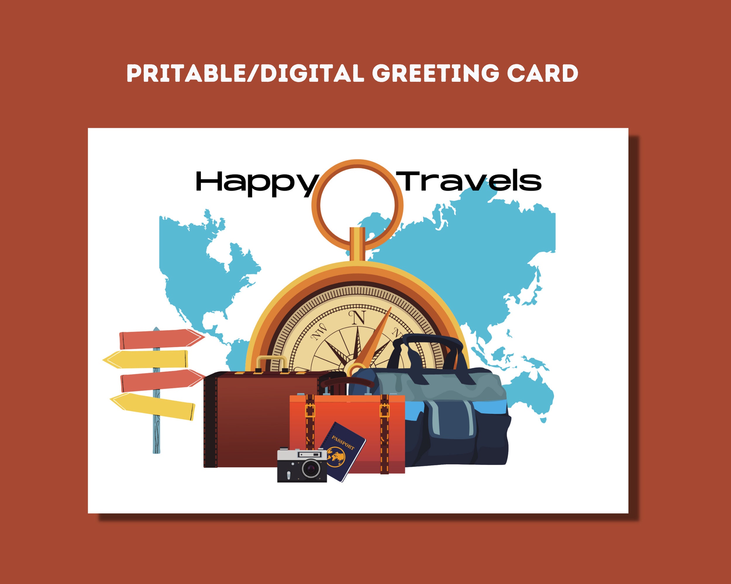 Printable Greeting Card, Happy Travels, Two Sided With Text Inside, or One Sided, Instant ...