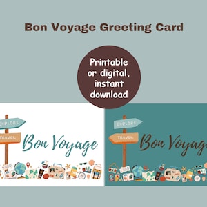 Bon Voyage-wenskaart, direct downloaden, afdrukbaar of digitaal, dubbelzijdig bedrukt, opvouwbaar 8,5 x 11 inch of eenzijdig 5 x 7 inch