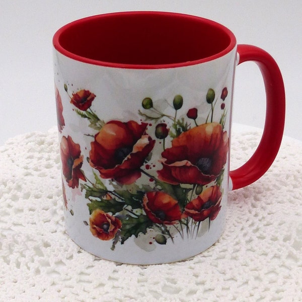 Mug COQUELICOTS  en céramique intérieur et bord en couleur d'une capacité de 350 ml