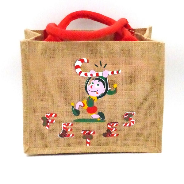 Sac en JUTE LUTINS de NOEL Petit modèle original et coloré avec de jolis lutins décorant un sapin ou chargé d'un sucre d'orge